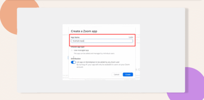This screenshot shows the build app section where you can choose Zoom App 