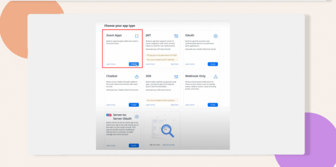 This screenshot shows the build app section where you can choose Zoom App 