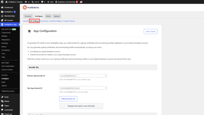 Screenshot of BuddyBoss App Settings page showing iOS Settings and Bundle IDs section for configuring iOS builds