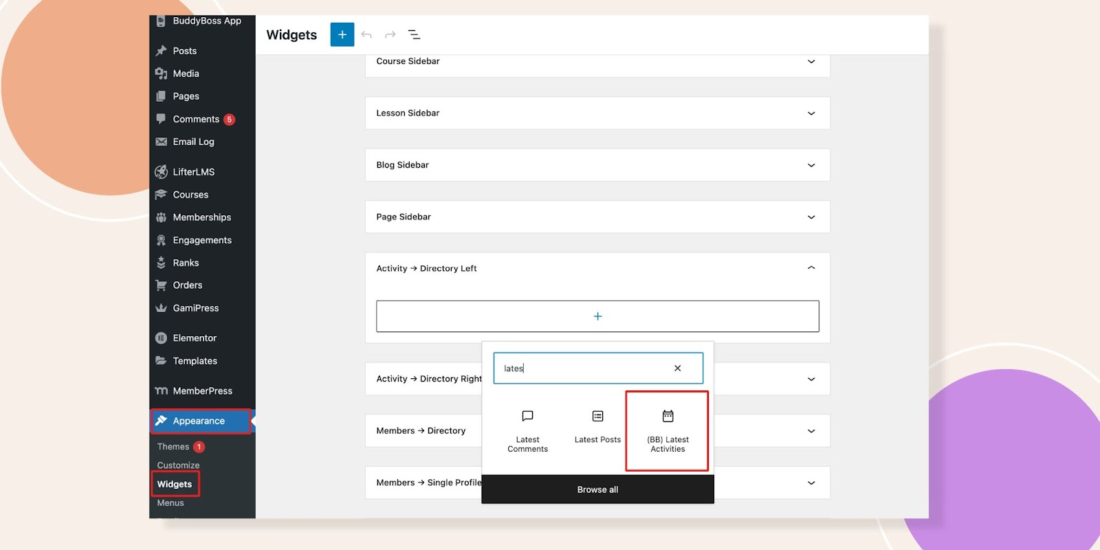 This screenshot shows how the latest activities widget can be added