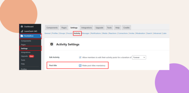 This screenhot shows where you can   set if you will require users to use post titles when creating activity posts.