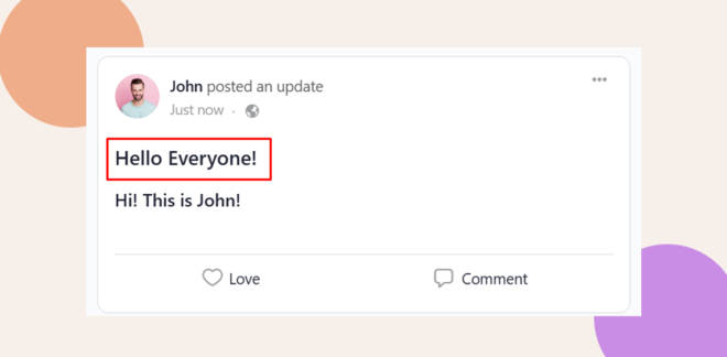 This screenhot shows a sample activity feed post with a title.