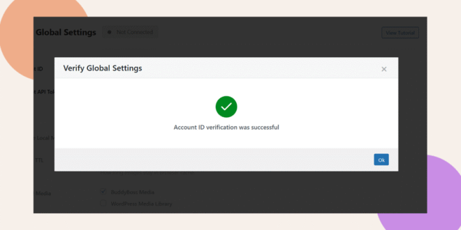 A dialog box on a website displays a green checkmark with the message Account ID verification was successful and an Ok button indicating a completed verification process