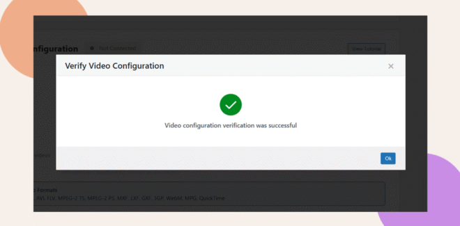 A dialog box with a green checkmark displays the message Video configuration verification was successful and an Ok button on a partially visible web page background
