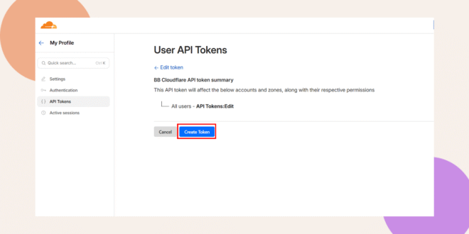 A user interface screen showing the creation of a user API token with the Create Token button highlighted in blue Menu options appear on the left and instructions are displayed in the main section