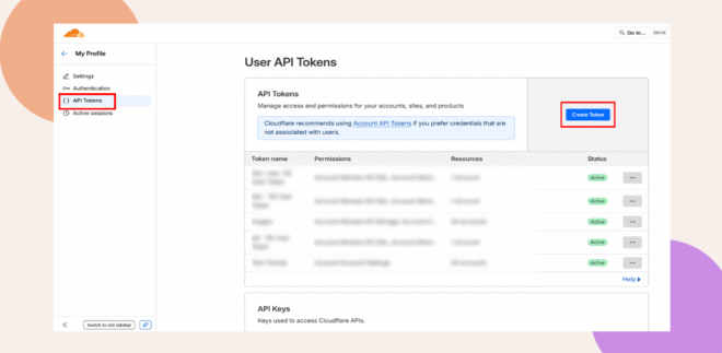 A user interface displays the User API Tokens page API Tokens and Create Token are highlighted The left sidebar shows navigation options and a list of API tokens with their names permissions status and actions is visible