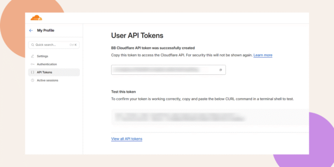 A web page displaying the User API Tokens section showing a successfully created API token a blurred token field instructions for testing the token and navigation options on the left sidebar