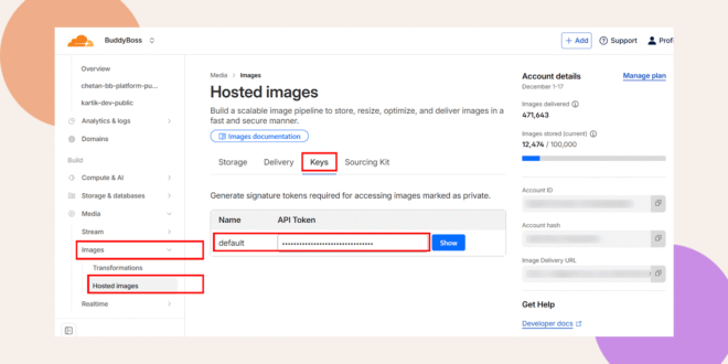 A dashboard shows the Hosted images section of an image management platform The Keys tab is selected displaying an API token named default Menu items on the left are highlighted in red boxes