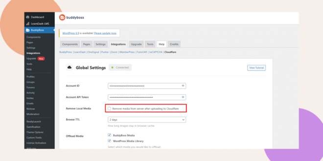 A settings page in the BuddyBoss WordPress dashboard displaying Cloudflare integration options The Remove media from server after uploading to Cloudflare checkbox is highlighted in red The left sidebar menu is visible