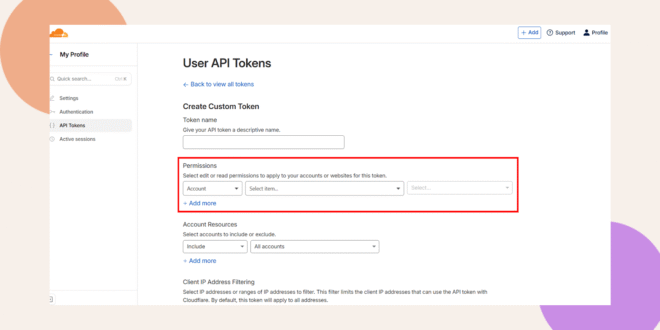 A screenshot of the Cloudflare User API Tokens page highlighting the Permissions section where users can select and assign account or resource permissions for a custom API token