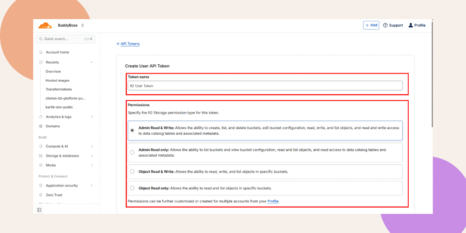 A web interface for creating a user API token shows fields for the token name and permissions The Token name is set to R2 User Token and several permission options are listed below
