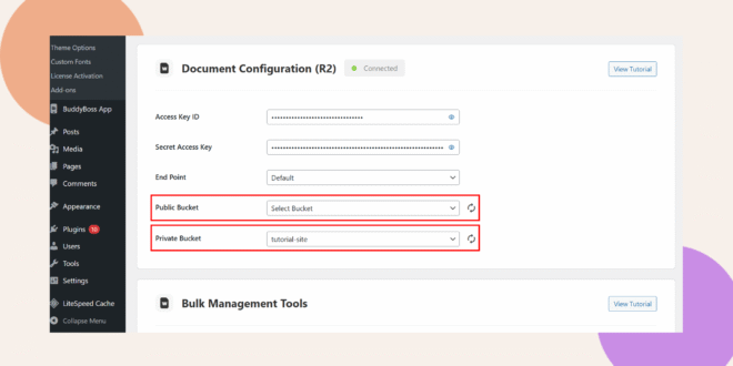 A WordPress admin settings page showing Document Configuration options The Public Bucket dropdown is set to Select Bucket and the Private Bucket is set to tutorial site both fields are highlighted with red boxes