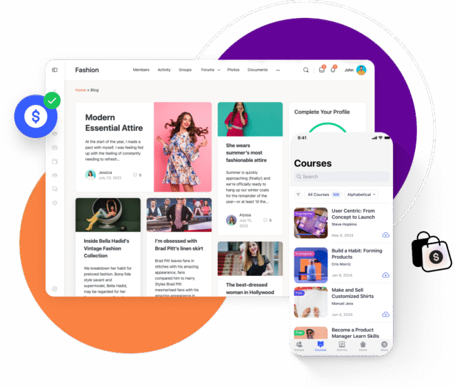 A digital interface showing a fashion blog with articles and images on the left and a mobile app screen on the right displaying a list of online courses Stylized icons and colorful circles are in the background
