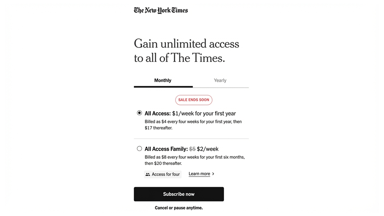 The New York Times subscription page