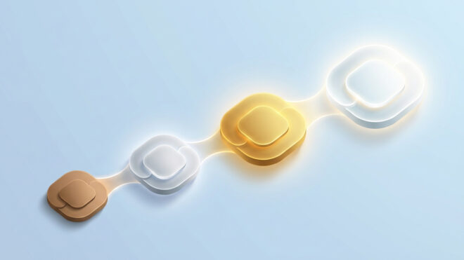 Abstract 3D illustration of four interconnected glowing rounded square shapes in bronze silver gold and white hues on a light blue background representing progression or connection