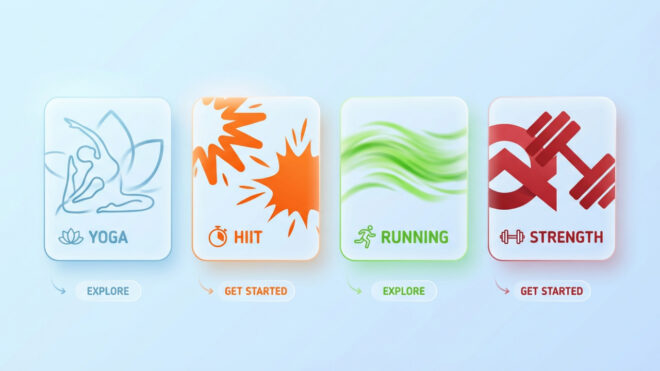 Four fitness options Yoga with a lotus and pose icon HIIT with an orange burst Running with green waves and Strength with red dumbbells and chains Each option has a button labeled Explore or Get Started