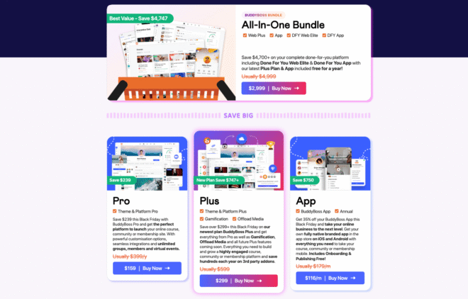 buddyboss bfcm deals- grab black friday and cyber minday offer 2025- A pricing page with four colorful plan options: All-In-One Bundle, Pro, Plus, and App. Each card shows plan features, savings, and pricing buttons, with the All-In-One Bundle marked as “Best Value - Save $3,427!” at the top.