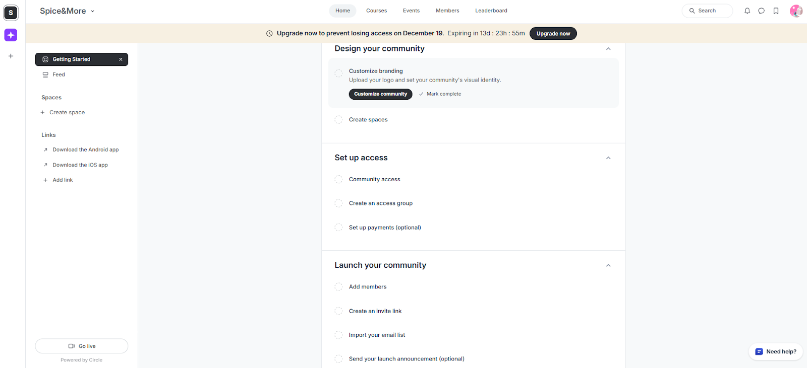 Circle Spaces interface