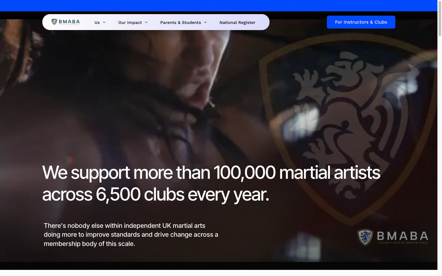 BMABA homepage showing 100,000+ martial artists across 6,500 clubs