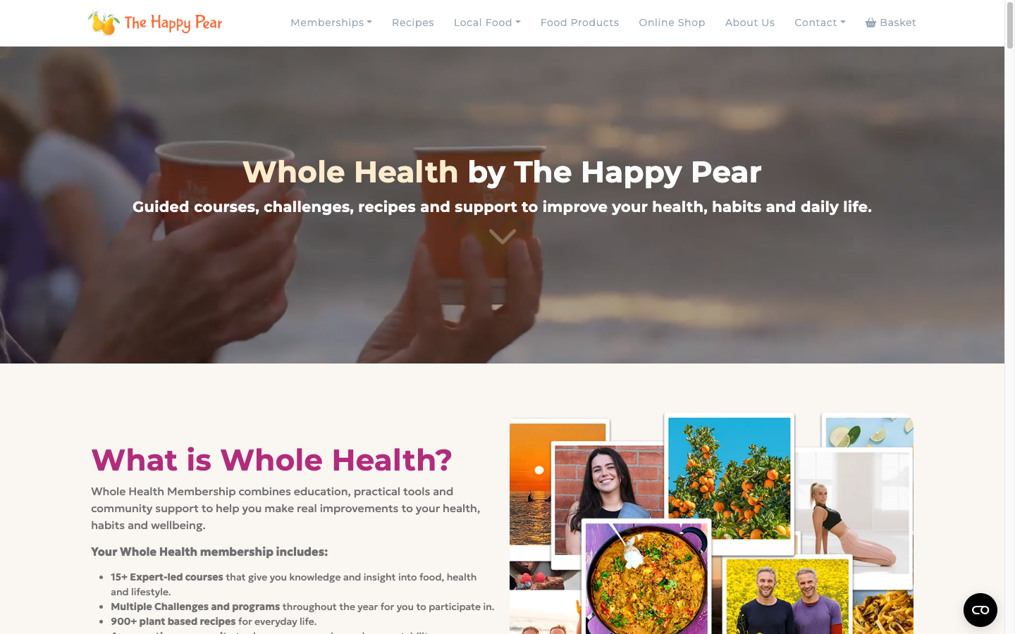 Side-by-side screenshot of The Happy Pear web platform and mobile app showing recipe, course, and community features
