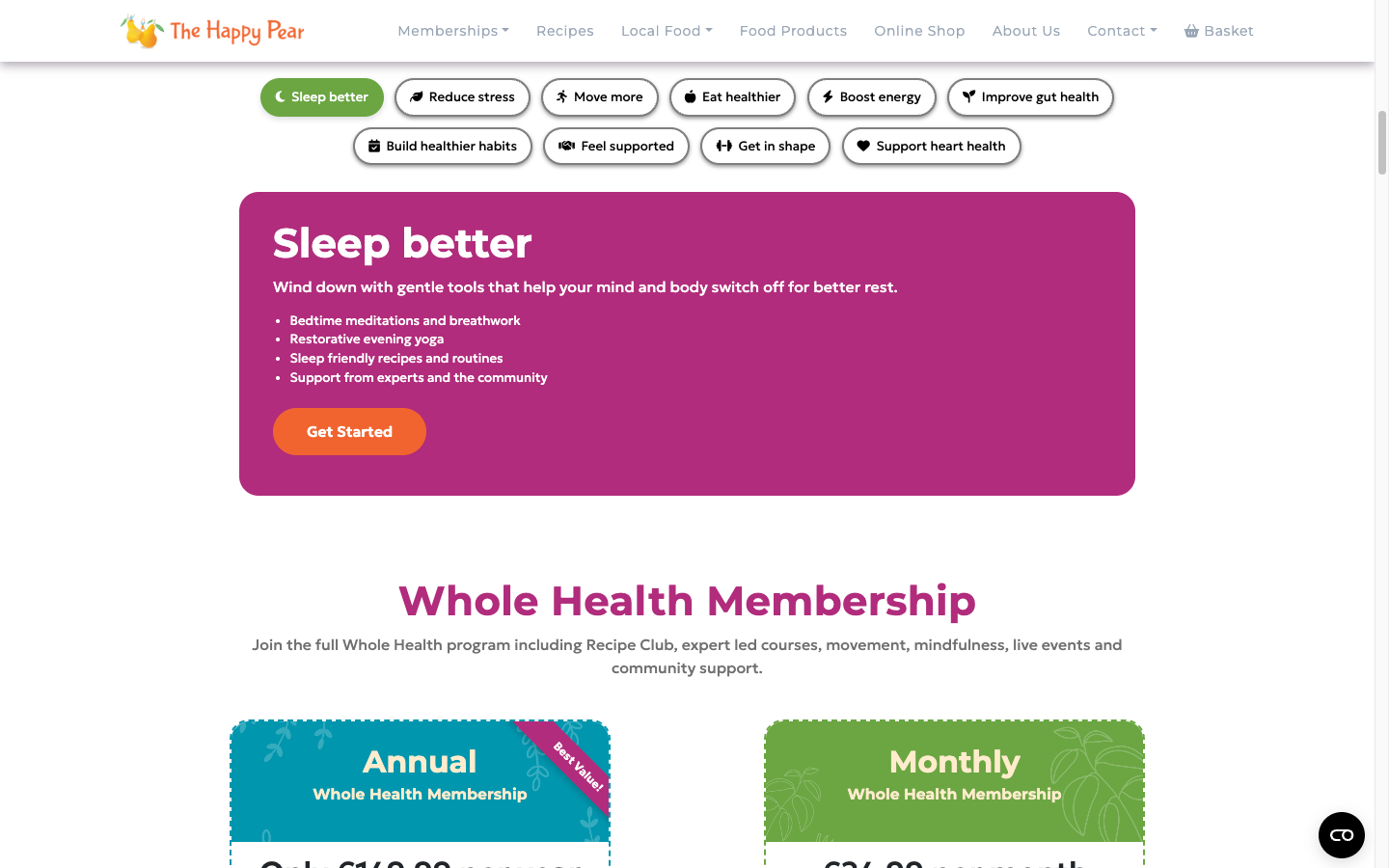 The Happy Pear member area showing community features, recipe library, and course listings