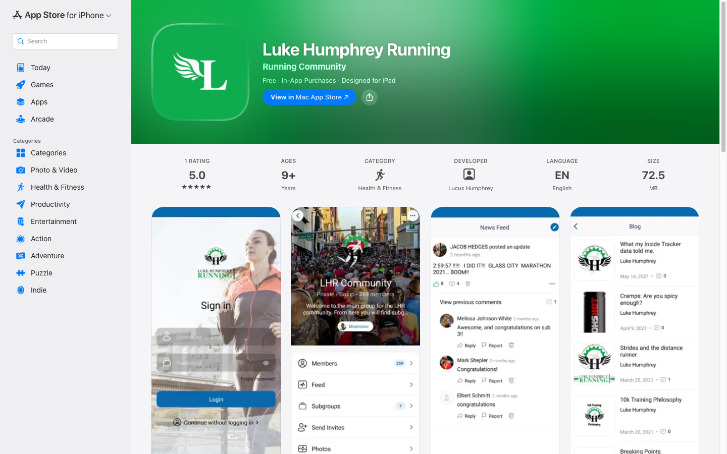 Luke Humphrey Running app on the Apple App Store - 5.0 rating