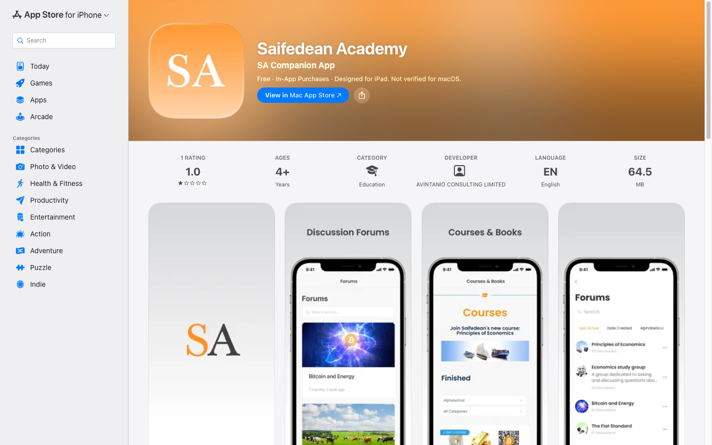 Saifedean Academy app on the Apple App Store showing forums and courses