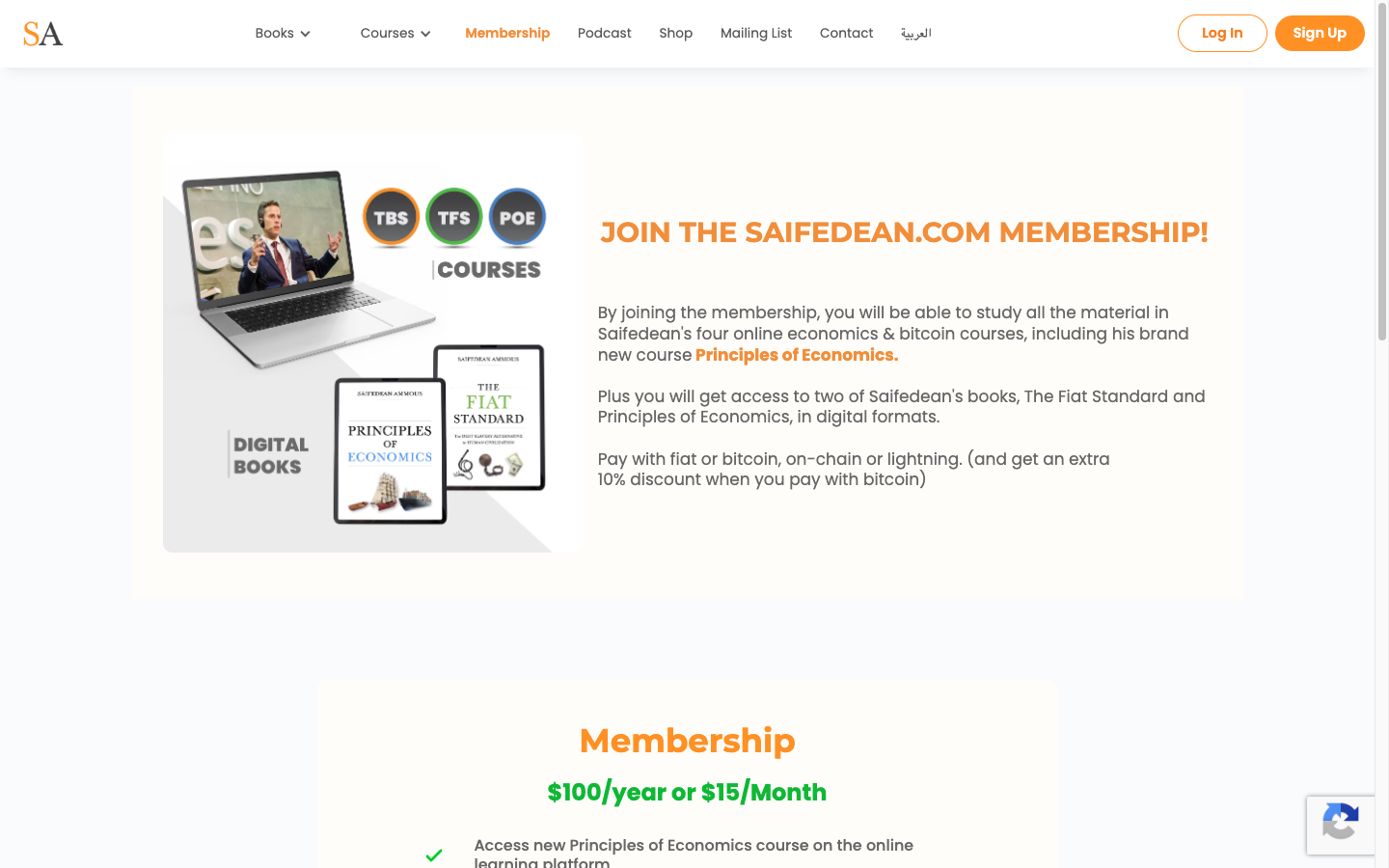 Saifedean Academy membership page showing courses, digital books, and pricing