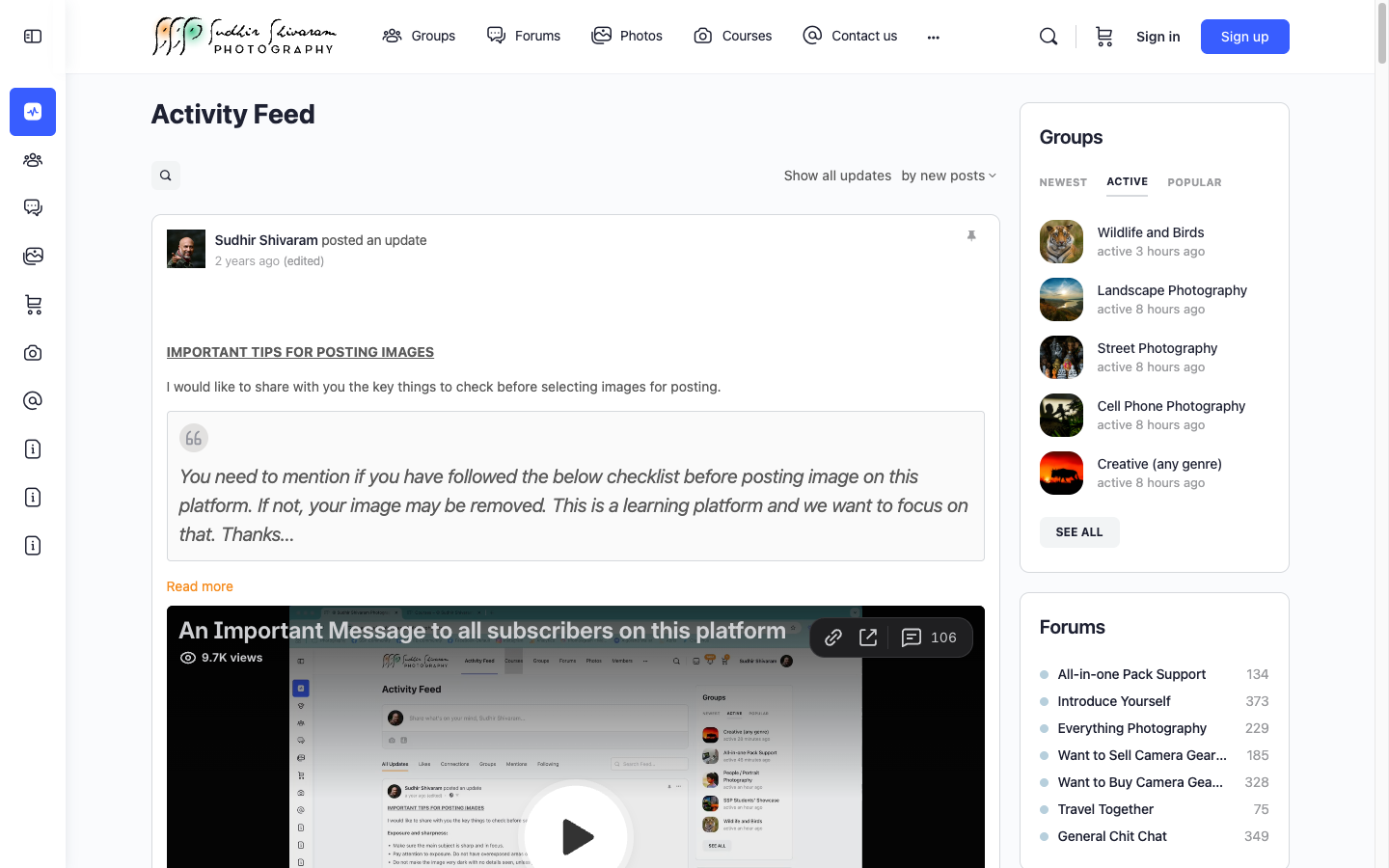 Sudhir Shivaram Photography community with BuddyBoss Activity Feed and Groups