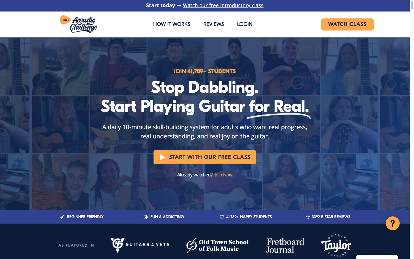 Tony's Acoustic Challenge homepage showing 41,789+ students