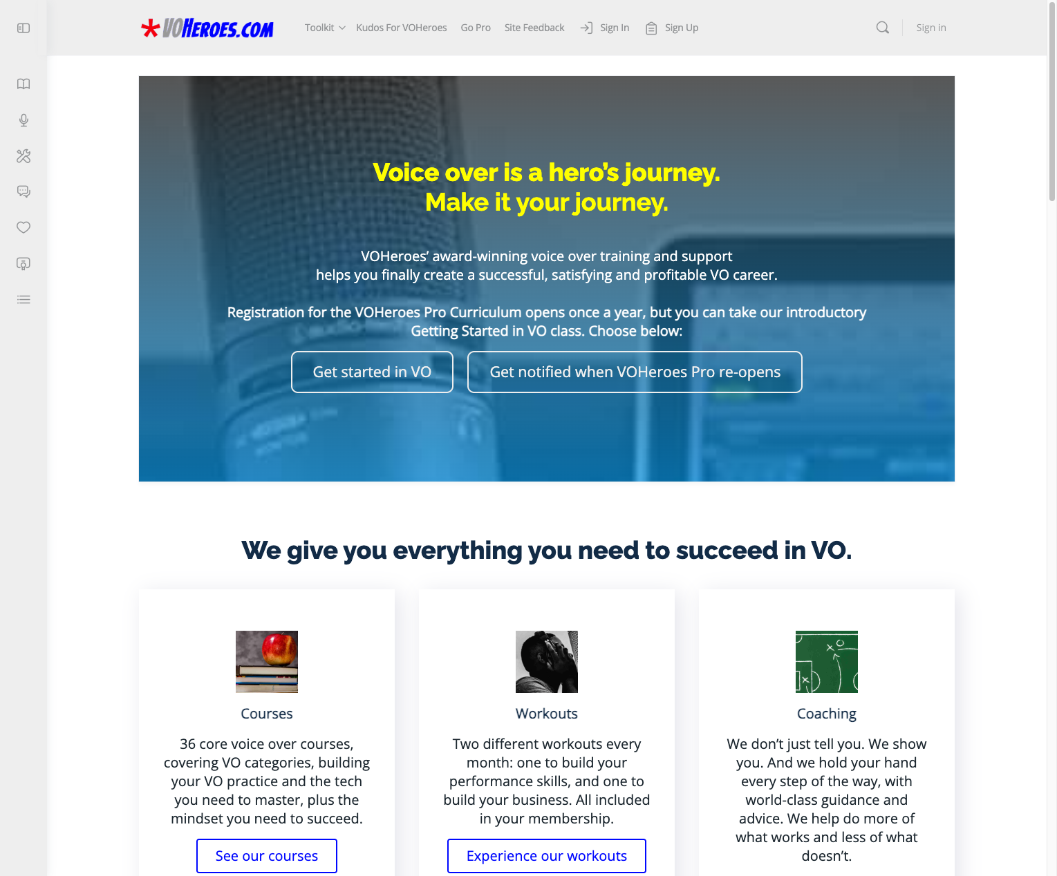 VOHeroes homepage - voice over training platform