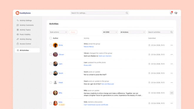 Activity panel in BuddyBoss left hand navigation sidebar