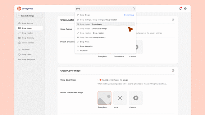 WordPress admin search dropdown finding BuddyBoss settings instantly