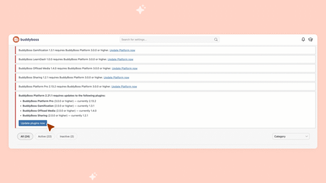 BuddyBoss Platform plugin update available in WordPress dashboard