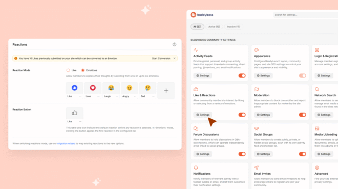 BuddyBoss tile based settings layout replacing long option lists