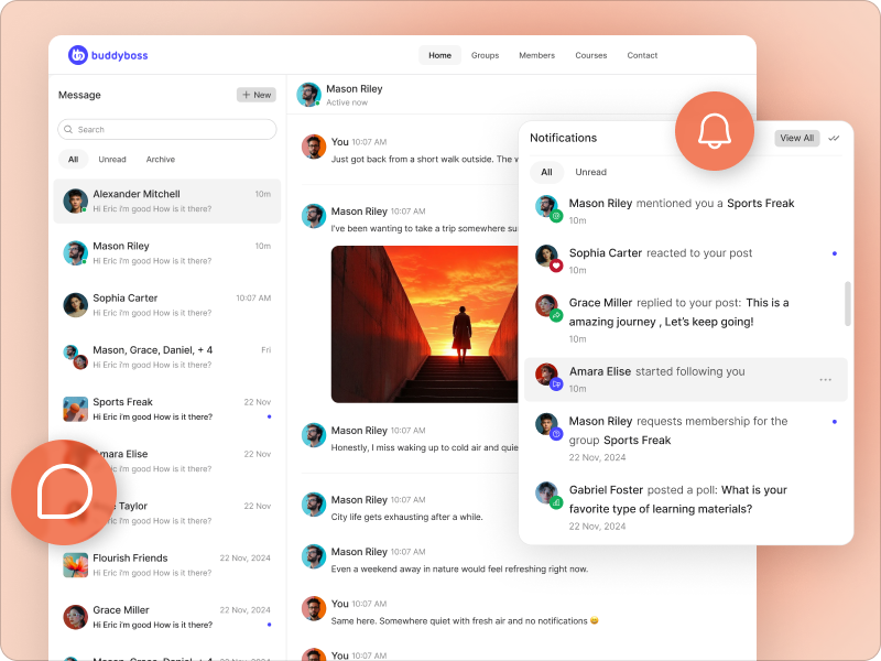 BuddyBoss messaging and notifications