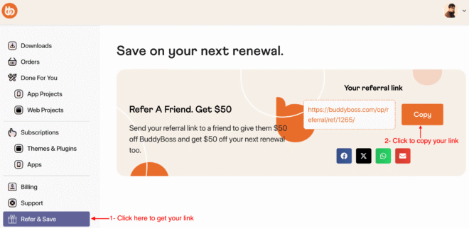 buddyboss referral program dashboard overview  get your referral link