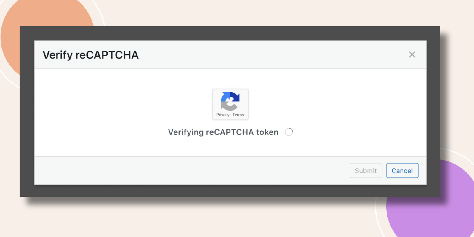 Dialog titled Verify reCAPTCHA with a circular loading indicator and Cancel button on the bottom right