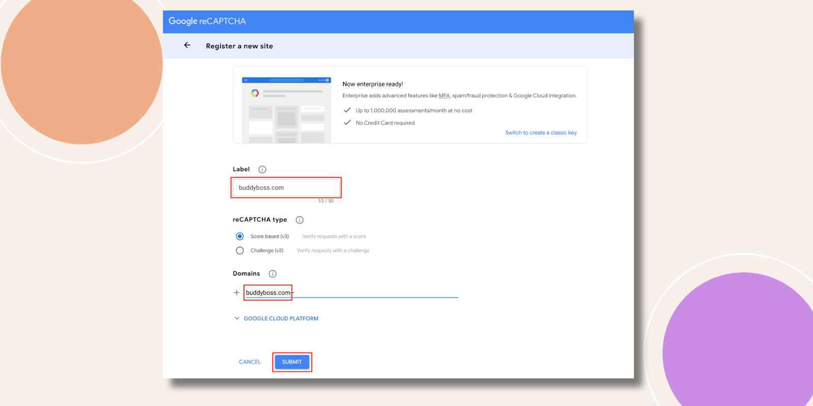 Google reCAPTCHA registration form for a new site with label and domain set to buddybosscom Submit button visible