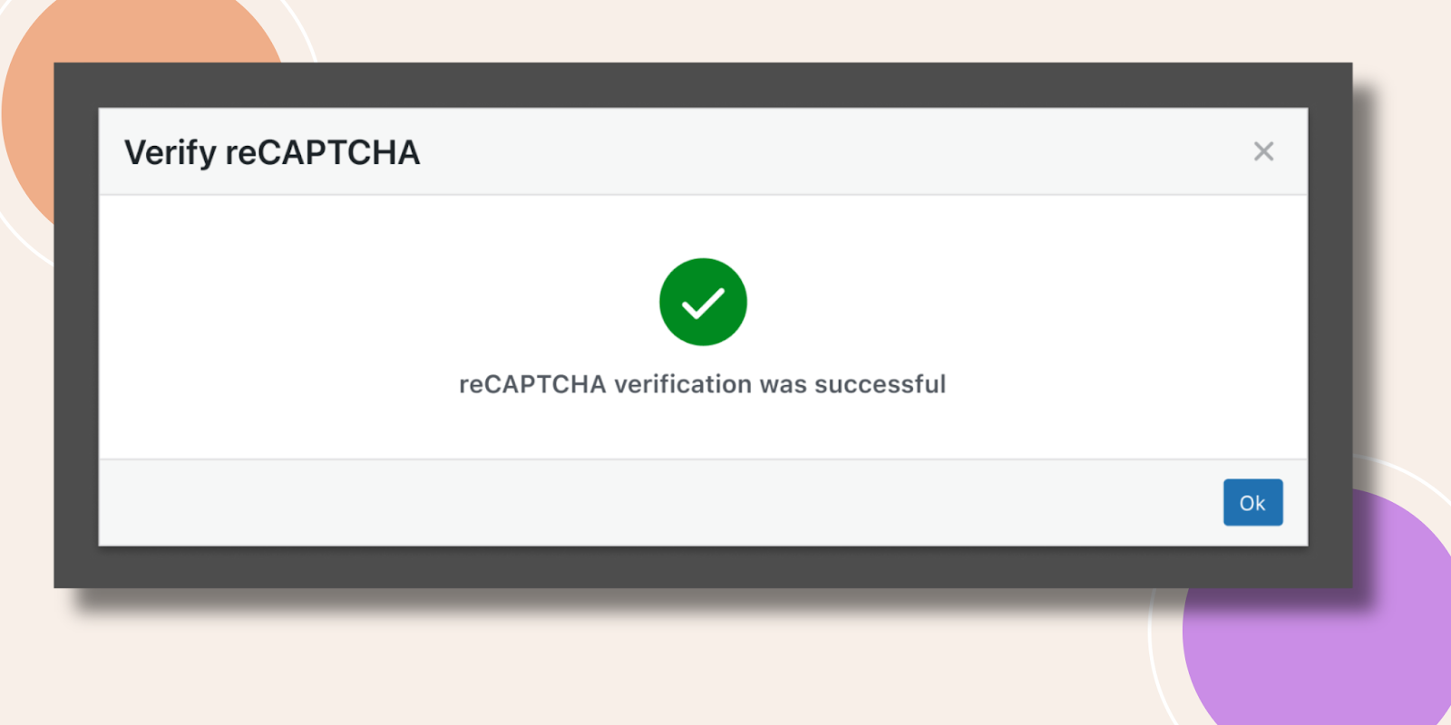 Modal dialog titled Verify reCAPTCHA showing a green checkmark and the message reCAPTCHA verification was successful with an Ok button