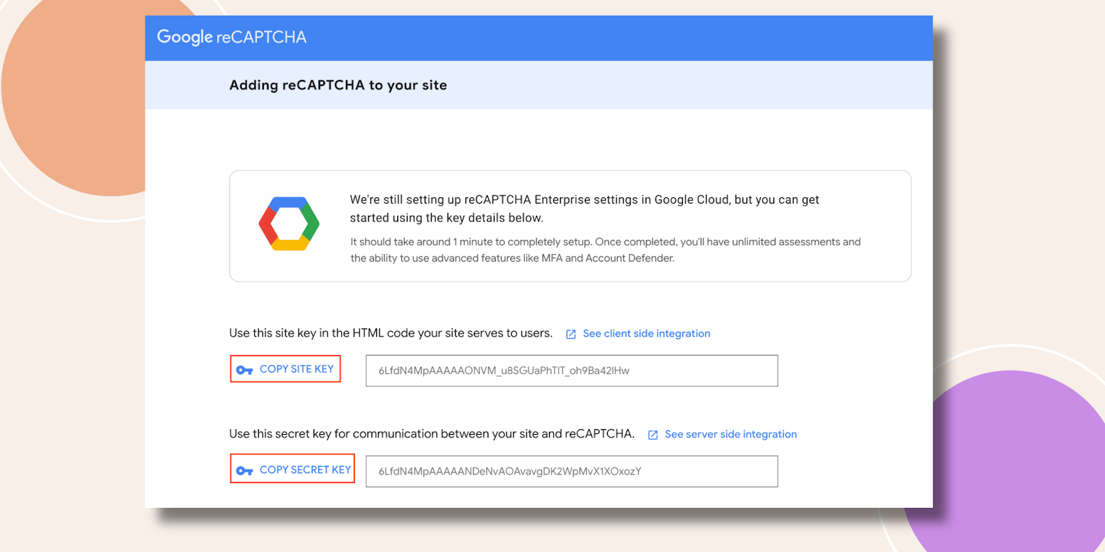 Screenshot of Google reCAPTCHA setup page with title Adding reCAPTCHA to your site showing two key sections Copy Site Key and Copy Secret Key with sample keys