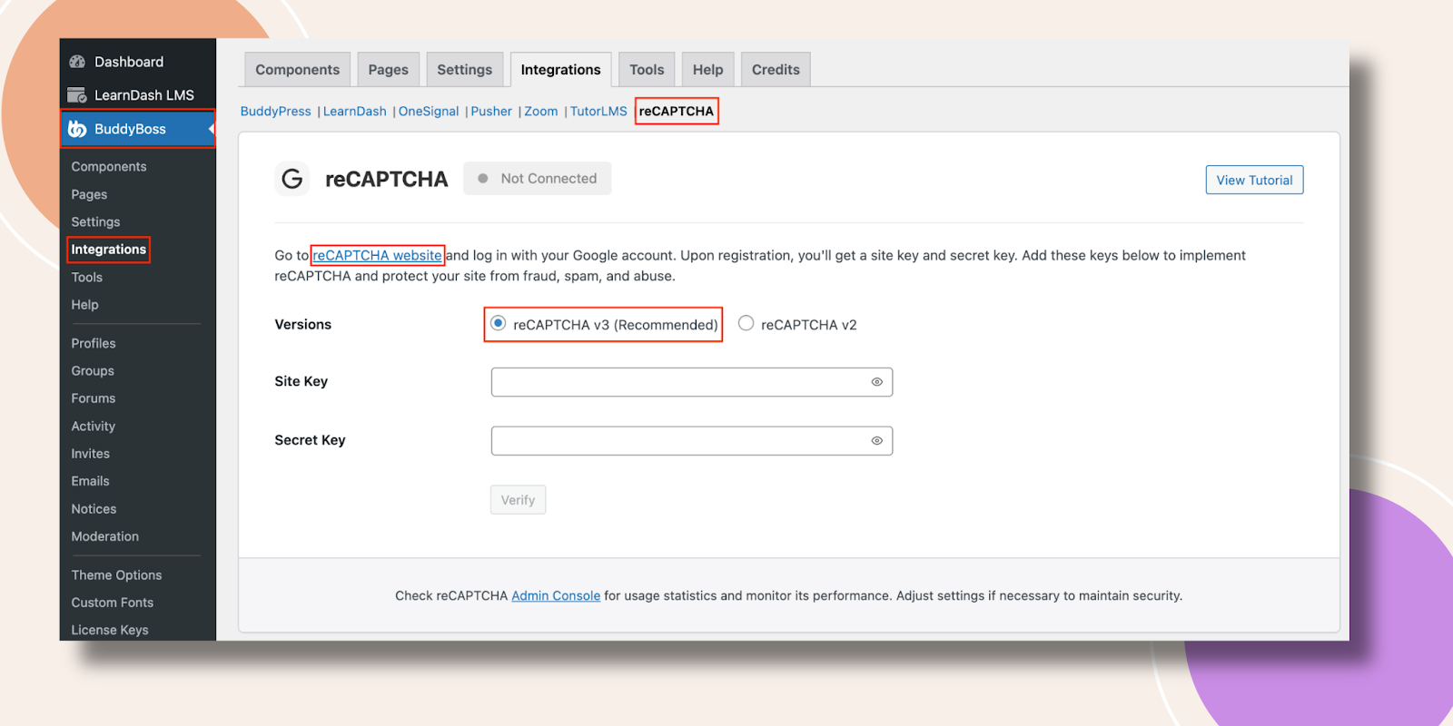 WordPress admin BuddyBoss Integrations page showing reCAPTCHA settings with v3 selected and fields for Site Key and Secret Key visible