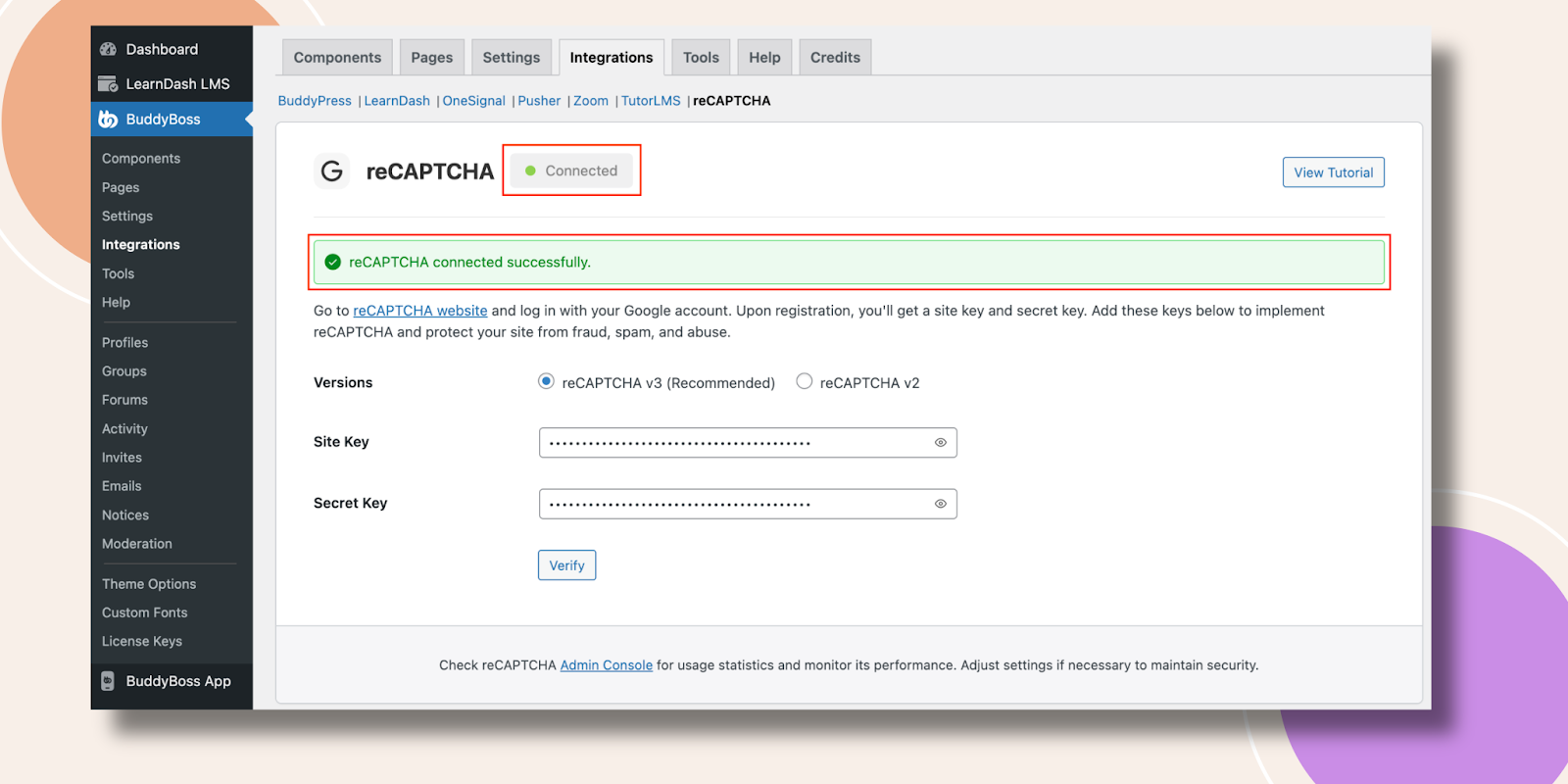 WordPress admin BuddyBoss Integrations page showing reCAPTCHA connected green status with site key and secret key fields and Verify button