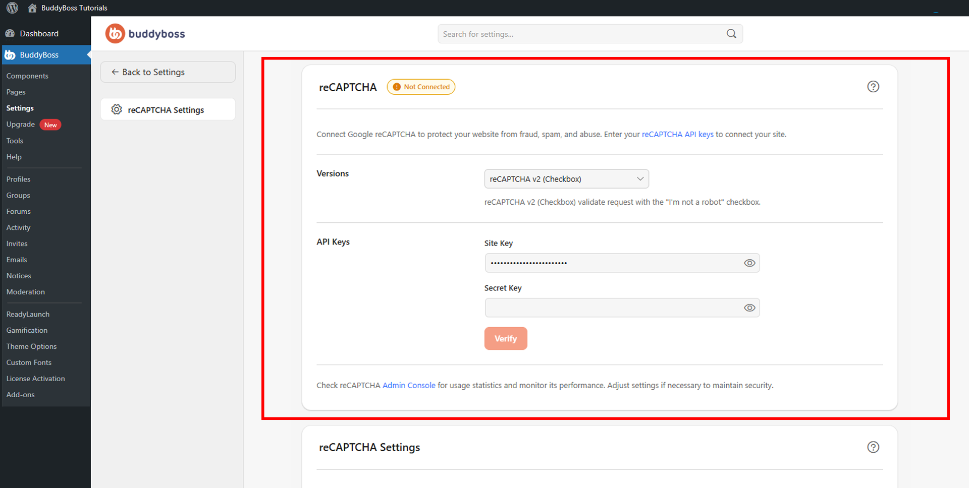 WordPress admin screen showing BuddyBoss settings with a reCAPTCHA panel labeled Not Connected and API key fields on the right side of the page