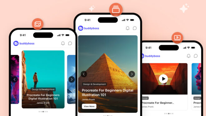 Three smartphones display a content app with course cards and floating media icons above