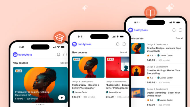 Mobile screens showing the BuddyBoss courses app with a New courses section and course cards featuring images and prices on a peach gradient background