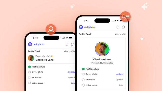 Two mobile screens showing a user profile setup in a social app with avatar name Charlotte Lane and a profile completion checklist