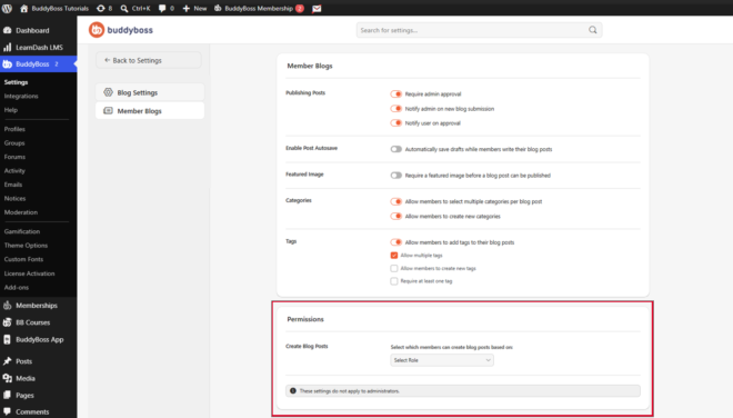 Screenshot of BuddyBoss settings Blog Settings and Member Blogs page with Permissions section highlighted at the bottom panel Create Blog Posts permission