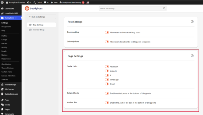 BuddyBoss settings page showing Post Settings Bookmarking and Subscriptions and Page Settings Social Links Related Posts Author Bio with toggles left navigation visible