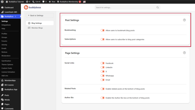 BuddyBoss WordPress settings page showing Post Settings with Bookmarking and Subscriptions toggles and Page Settings with social links options Facebook LinkedIn X WhatsApp Email